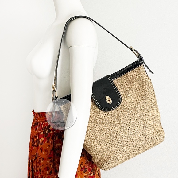 Eric Javits Bag Bucket Shoulder Bag Black Patent Leather Trim Turnlock - Picture 2 of 7